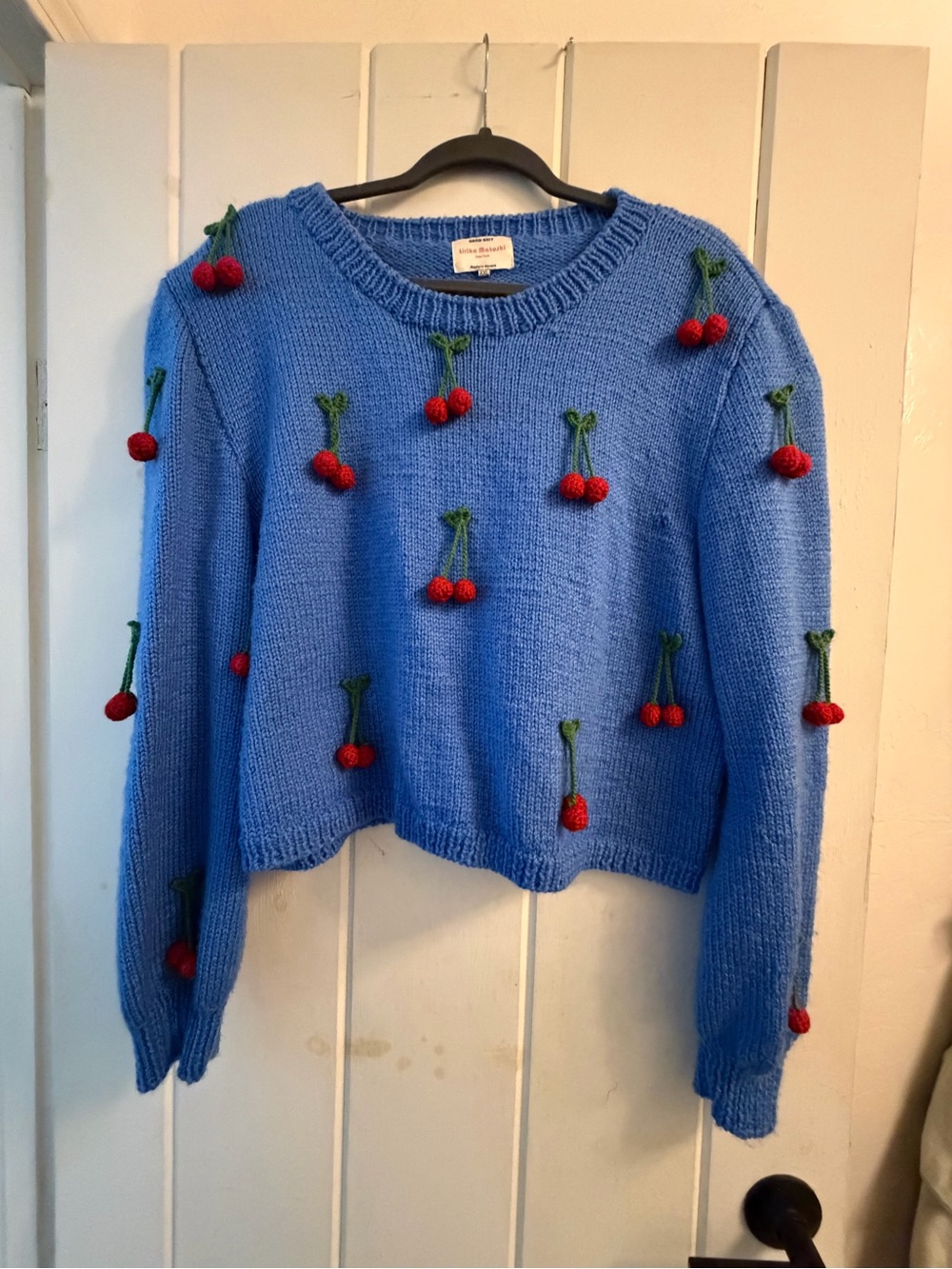 Lirika Matoshi Handmade Blue Crochet Sweater with Red 3D Cherries